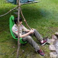 Zack on "camp gadget" tripod-towel chair
